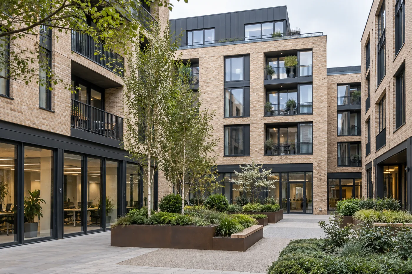 Illustrative modern courtyard combining commercial premises and apartments